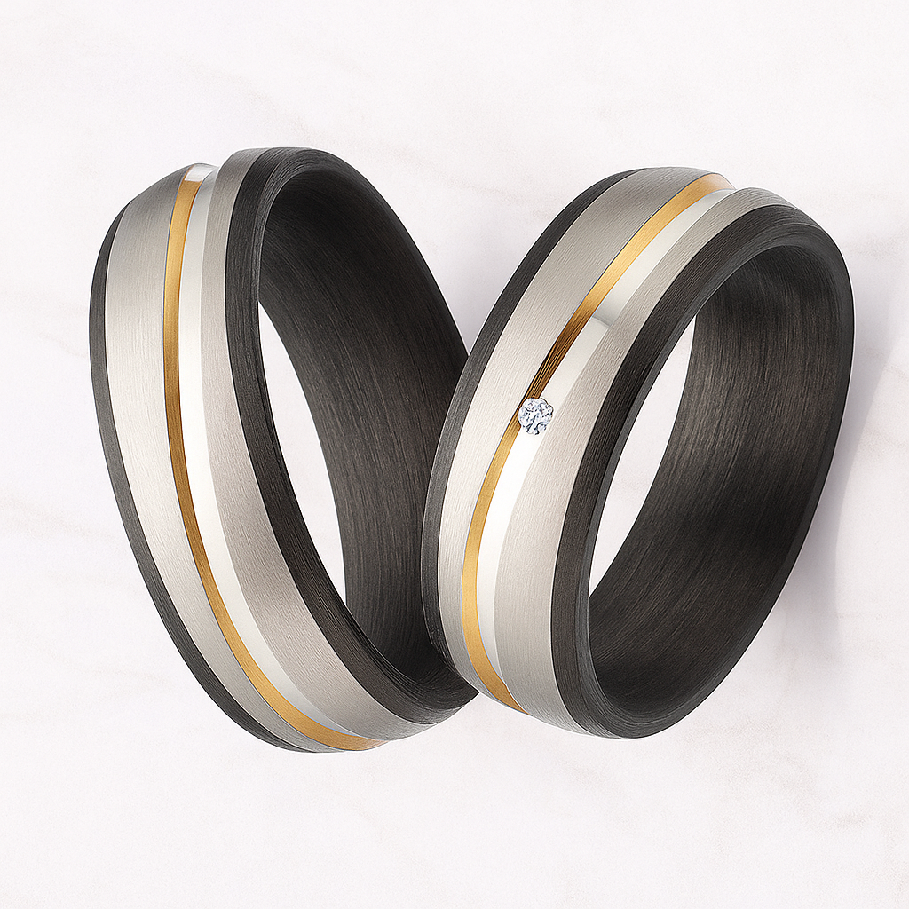 Partnerringe Titan & Carbon Gelbgold – Diamant - GoldChannel | Modell AB 4526
