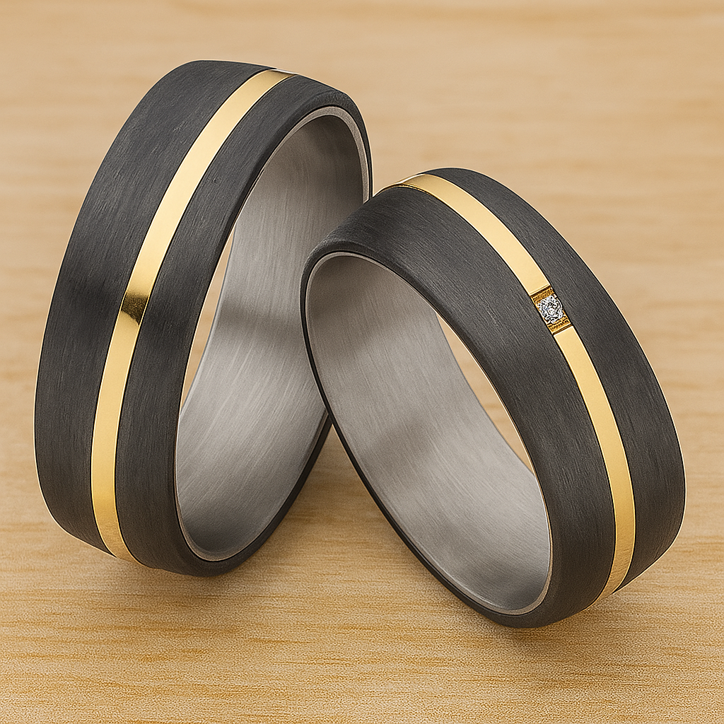 Partnerringe Titan & Carbon Goldakzent und Diamant – CarbonTitan GoldLine | 4640