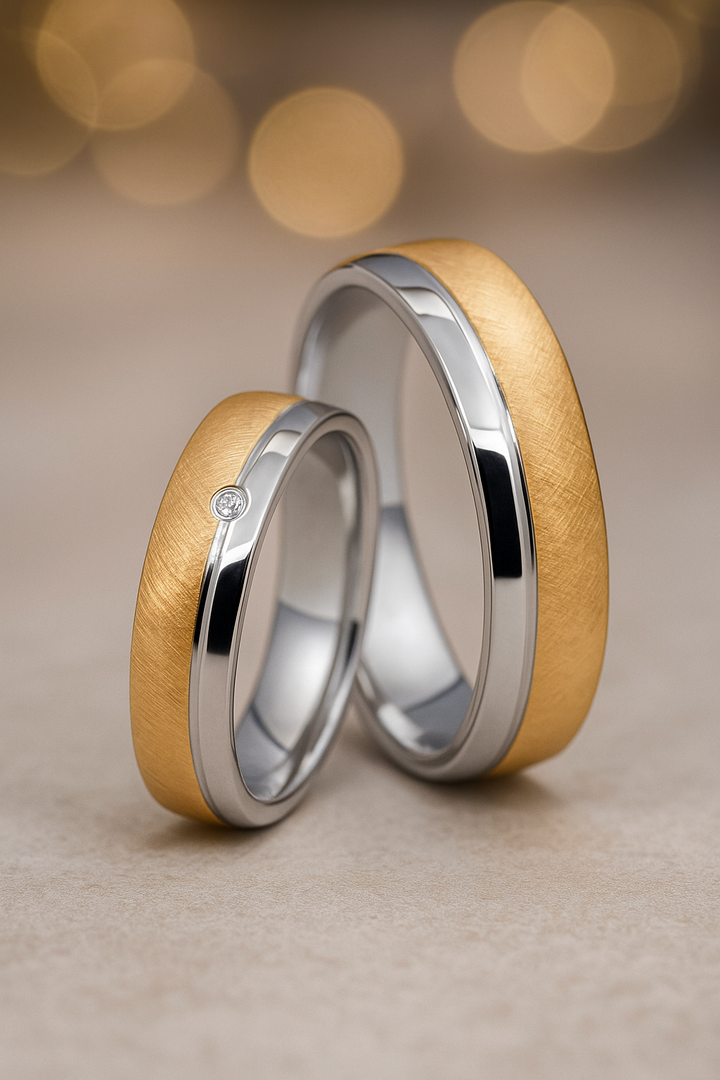 Edelstahl Partnerringe in mattierter Gold Optik und Zirkonia