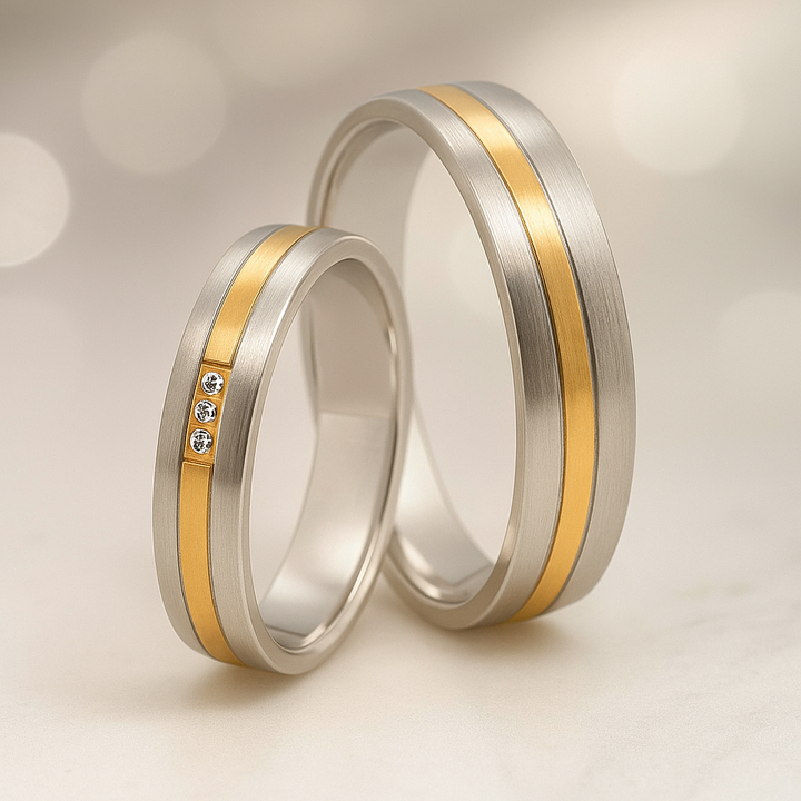 Edelstahlringe in Silber- Gold Optik mattiert. Damenring mit drei Zirkonia