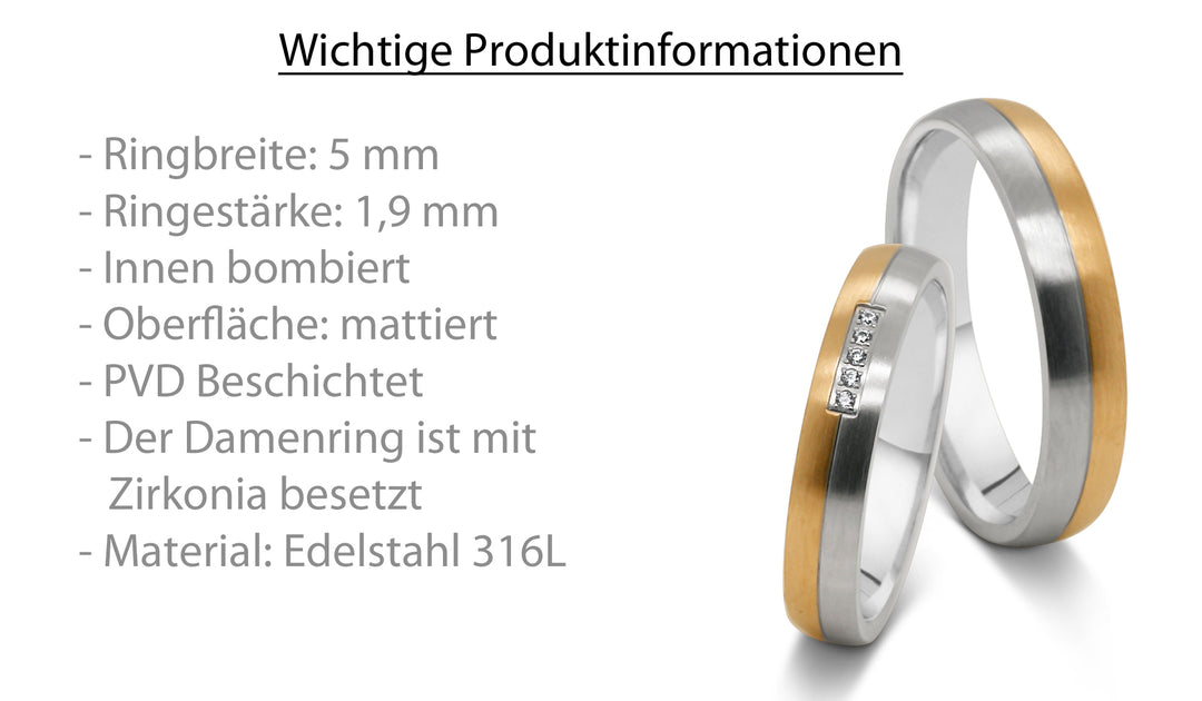 Detailansicht der Edelstahl Partnerringe in Silber und Gold-Optik mit fünf Zirkonia im Damenring. Beide ringe sind bombiert.