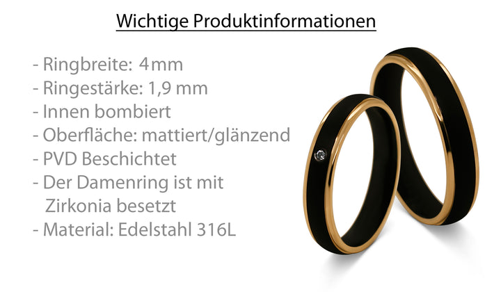 Detailansicht der Edelstahl Freundschaftsringe in Gold und Schwarzer Optik mit Zirkonia