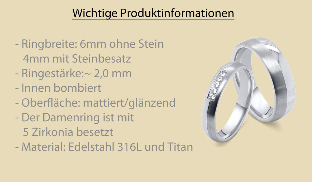 Detailansicht der Titan Edelstahl Partnerringe mit Zirkonia und Produktinformationen