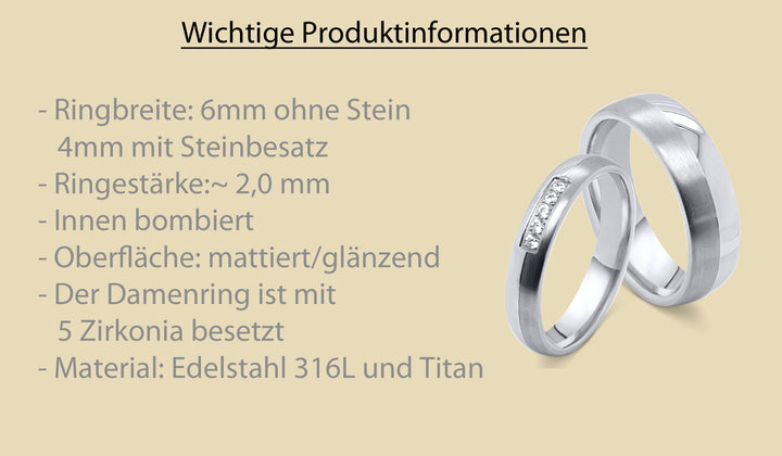 Detailansicht der Titan Edelstahl Partnerringe mit Zirkonia und Produktinformationen