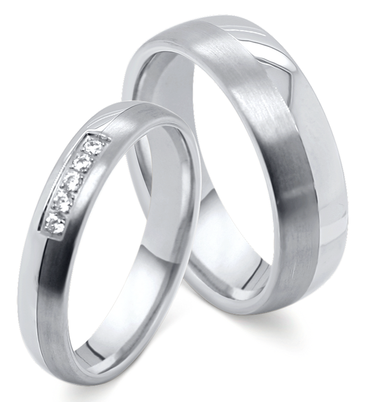 Moderne Partnerringe aus Titan und Edelstahl mit Zirkonia im Damenring