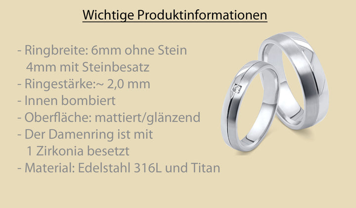 Detailansicht der Partnerringe aus Titan und Edelstahl mit Zirkonia und Produktinformationen
