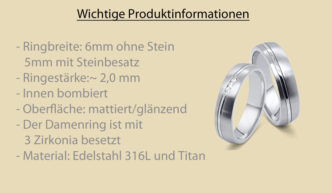 Titan Edelstahl Partnerringe mit Zirkonia und wichtigen Produktinformationen