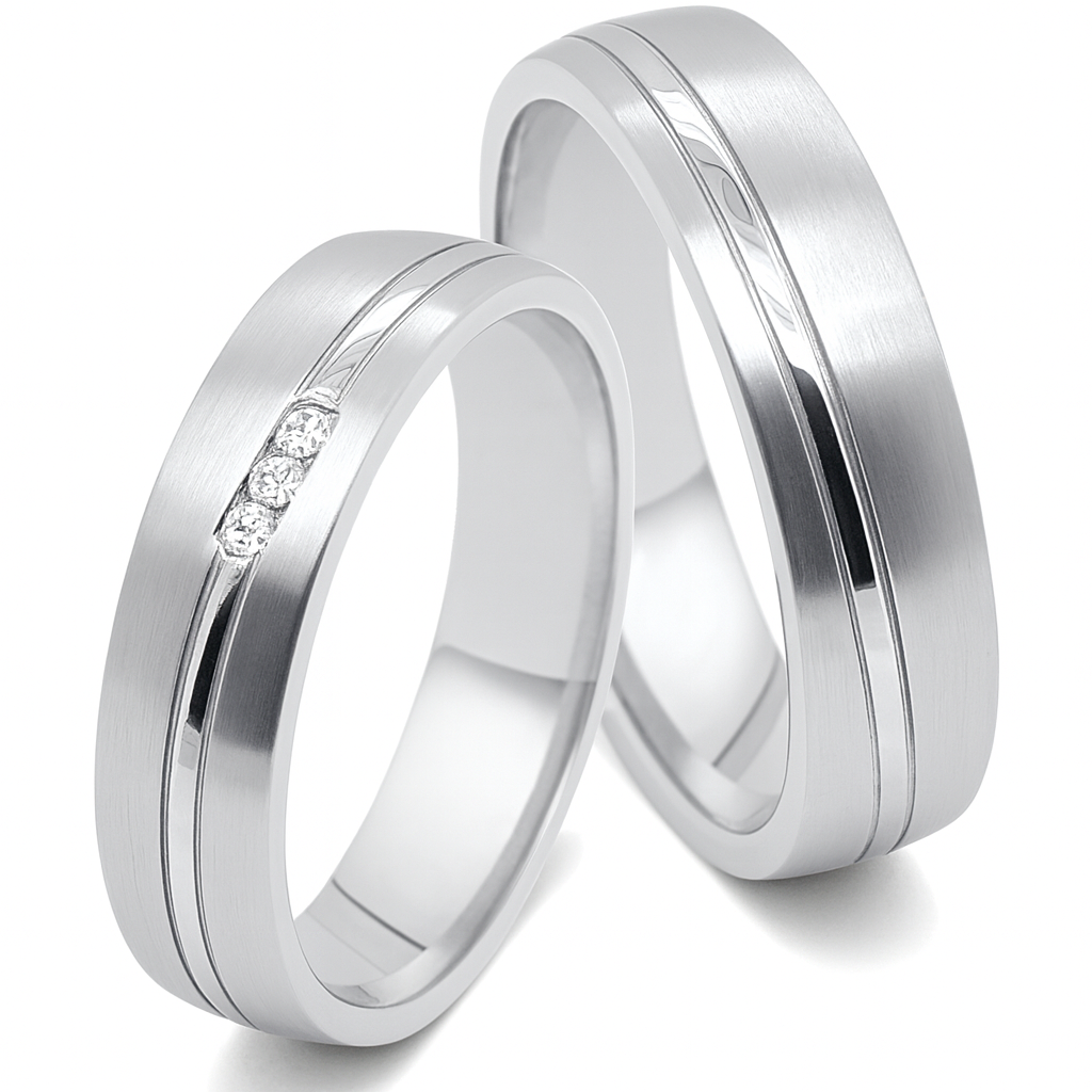 Moderne Partnerringe aus Titan und Edelstahl mit Zirkonia im Damenring