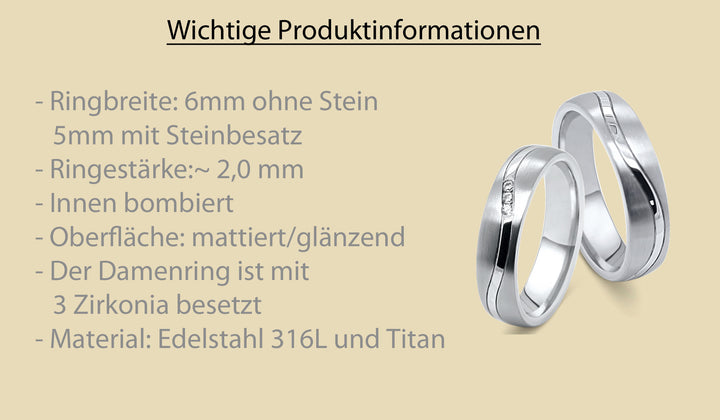 Ehe- Partnerrringe aus Titan und Edelstahl mit Zirkonia ink.  Gravur | AB 4828