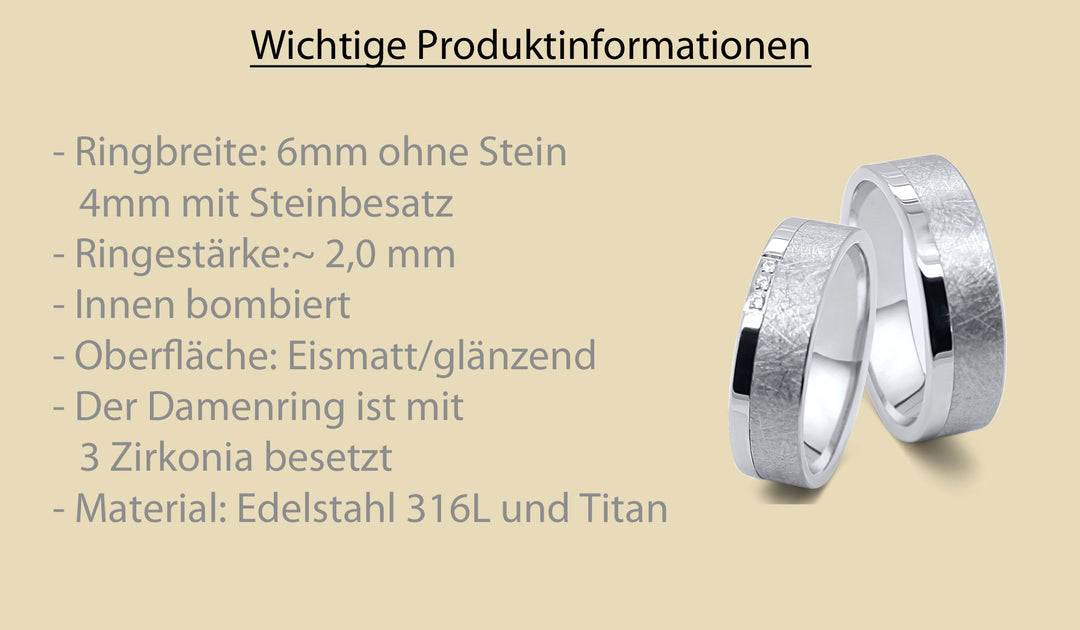 Detailansicht der Titan Edelstahl Partnerringe mit Zirkonia und Produktinformationen