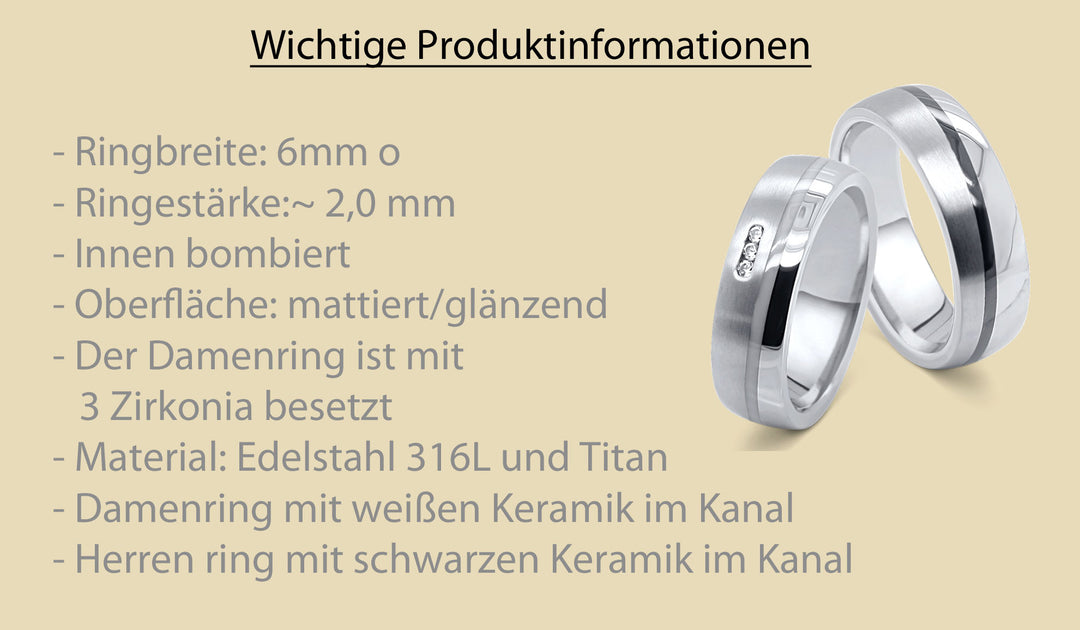 Detailansicht der Partnerringe aus Titan und Edelstahl mit Zirkonia und Produktinformationen