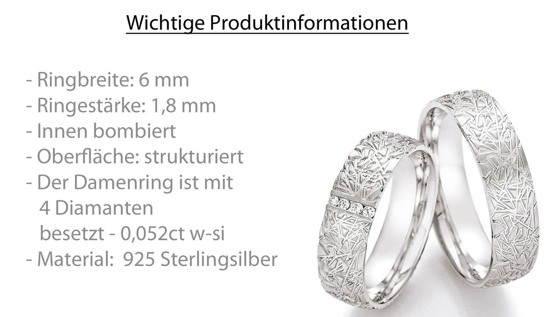 Eheringe aus 925 Sterlingsilber mit Diamant und kostenloser Lasergravur