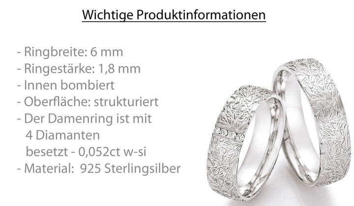 Eheringe aus 925 Sterlingsilber mit Diamant und kostenloser Lasergravur