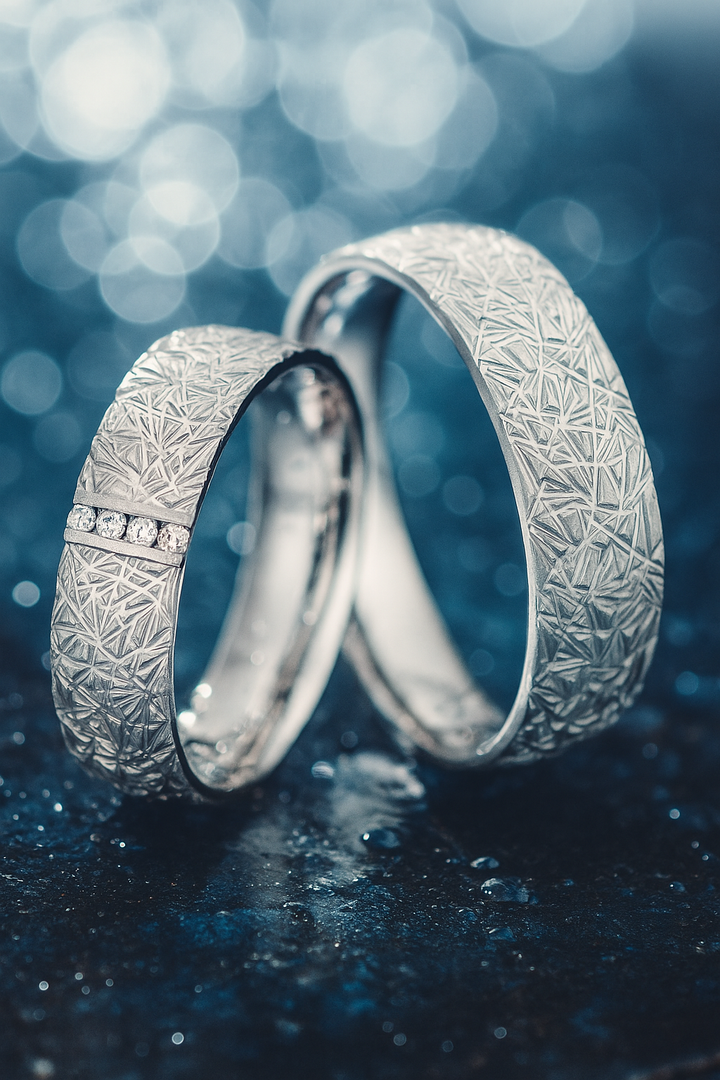 Eheringe aus 925 Sterlingsilber mit Diamant in romantischer Hintergrundszene