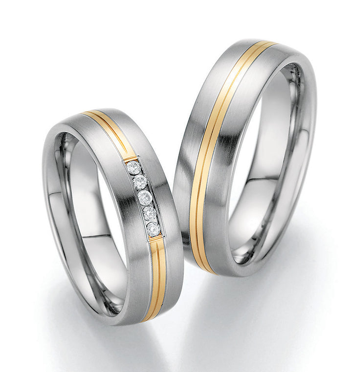 Trauring Bicolor Gold/Gold oder Stahl/Gold mit Diamant ink. Garantie und Gravur 60-60030 G/W