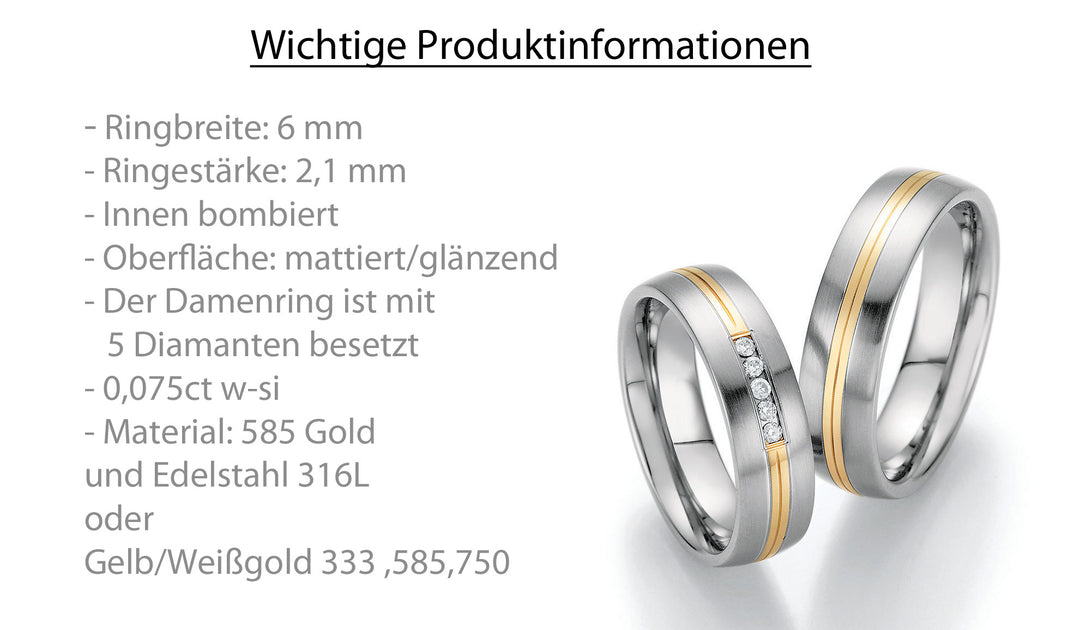 Trauring Bicolor Gold/Gold oder Stahl/Gold mit Diamant ink. Garantie und Gravur 60-60030 G/W