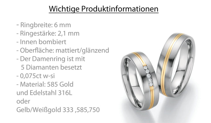 Trauring Bicolor Gold/Gold oder Stahl/Gold mit Diamant ink. Garantie und Gravur 60-60030 G/W