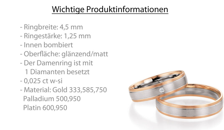 Trauring Bicolor Gold Platin Palladium mit Diamant ink. Garantie und Gravur 66-10190 RWR