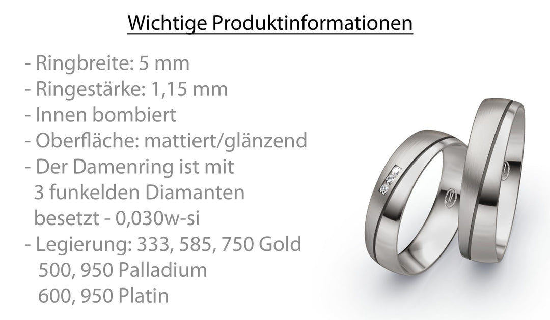 Trauring Palladium - Platin  mit Diamant ink. Garantie und Gravur 66-30010