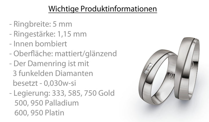 Trauring Palladium - Platin  mit Diamant ink. Garantie und Gravur 66-30010