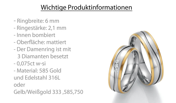 Trauring Bicolor Gold/Gold oder Stahl/Gold mit Diamant ink. Garantie und Gravur 60-60010 G/W