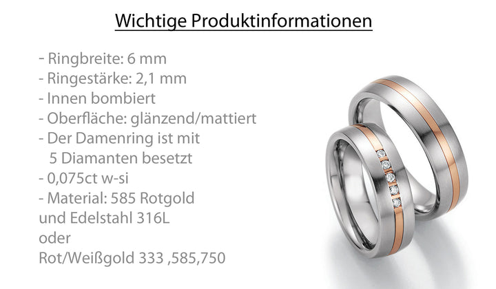 Trauring Bicolor Gold mit Stahl,Paladium, Gold oder Platin + Diamant ink. Garantie und Gravur 60-60050 W/R/W