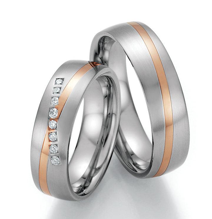 Trauring Bicolor Kombinirbar Gold mit Stahl,Palladium oder Platin mit Diamant ink. Garantie und Gravur 60-60070 W/R/W