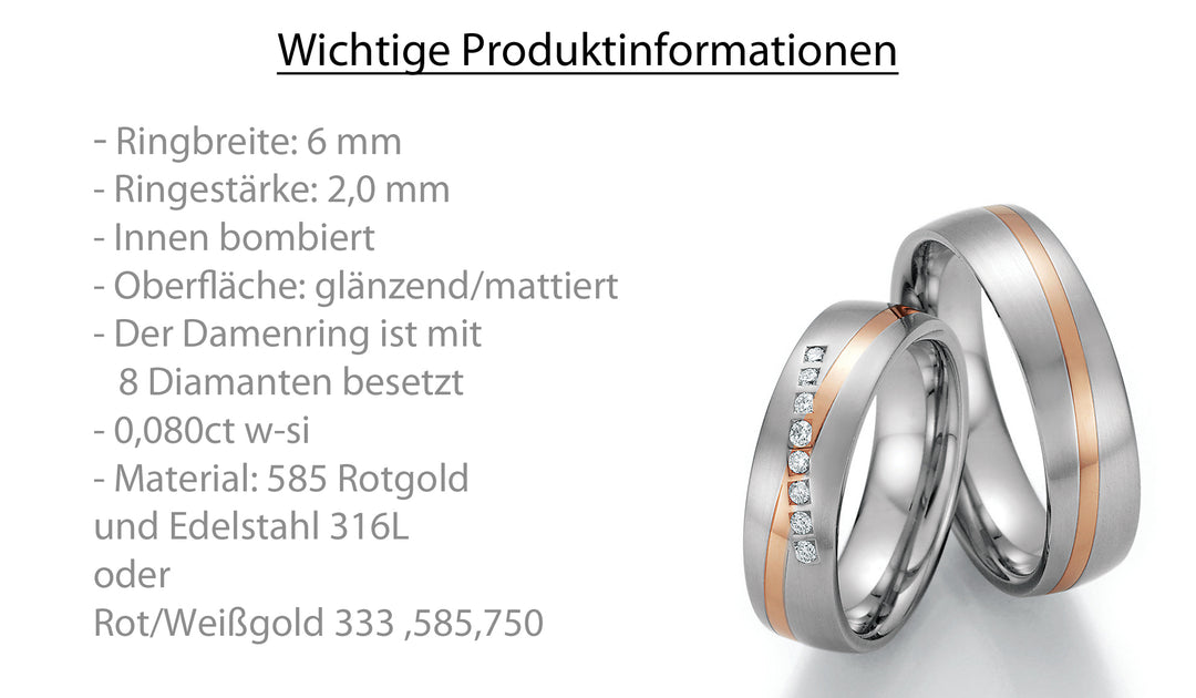 Trauring Bicolor Kombinirbar Gold mit Stahl,Palladium oder Platin mit Diamant ink. Garantie und Gravur 60-60070 W/R/W