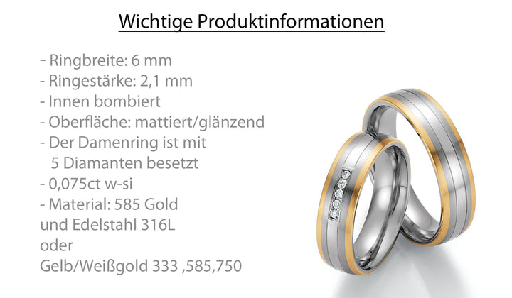 Trauring Bicolor Gold/Gold oder Stahl/Gold mit Diamant ink. Garantie und Gravur 60-60090