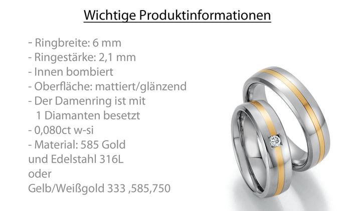 Trauring Bicolor Gold/Gold oder Stahl/Gold mit Diamant ink. Garantie und Gravur 60-60110 WGW