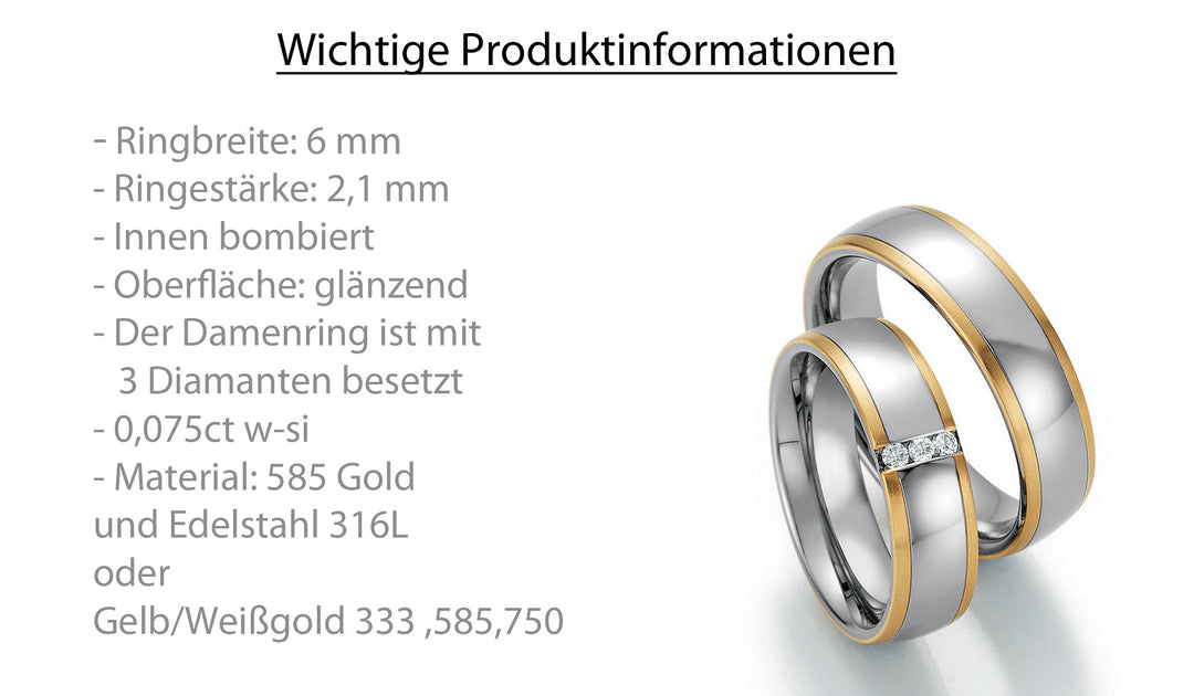 Trauring Bicolor Gold/Gold oder Stahl/Gold mit Diamant ink. Garantie und Gravur 60-60130 G/W/G