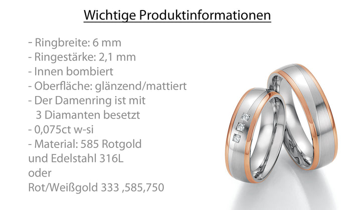 Trauring Bicolor Gold, Stahl, Palladium oder Platin mit Diamant ink. Garantie und Gravur 60-60150 R/W/R