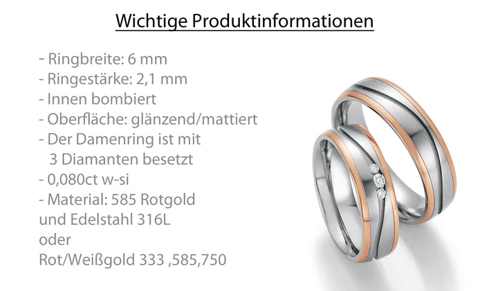 Trauring Bicolor Gold Stahl oder Palladium mit Diamant ink. Garantie und Gravur 60-60170 R/W/R