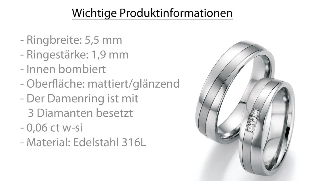 Hochzeitsringe Edelstahl mit Diamant ink. Garantie und Gravur 88-20090