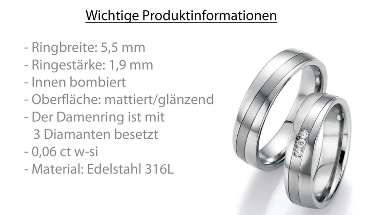 Hochzeitsringe Edelstahl mit Diamant ink. Garantie und Gravur 88-20090