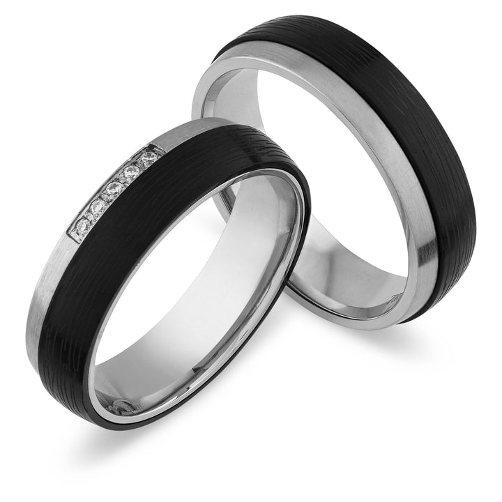 Partnerringe Edelstahl 316L mit Zirkonia – Modell NOIRIS SH214 | Eheringe & Trauringe mit Gravur