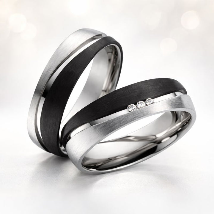 Partnerringe Silber Carbon – SilverCarbon Trio mit Zirkonia | SC 1020