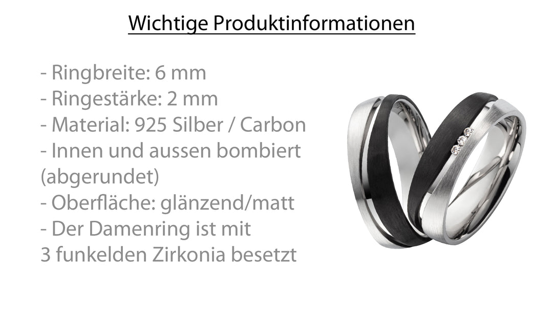 Ehe - Partnerringe aus 925Silber und Carbon mit Zirkonia ink. Gravur | SC 1020