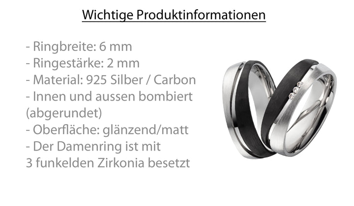 Ehe - Partnerringe aus 925Silber und Carbon mit Zirkonia ink. Gravur | SC 1020