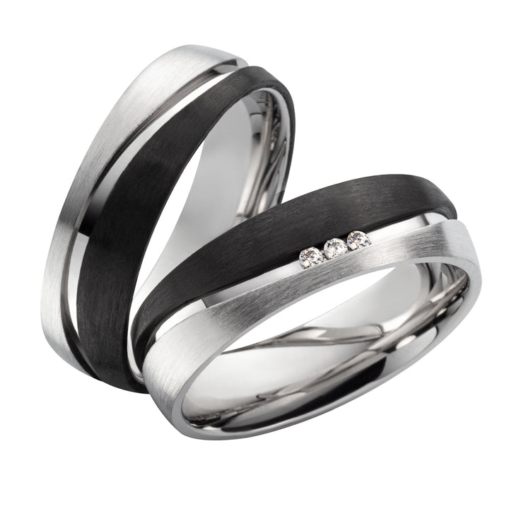 Ehe - Partnerringe aus 925Silber und Carbon mit Zirkonia ink. Gravur | SC 1020