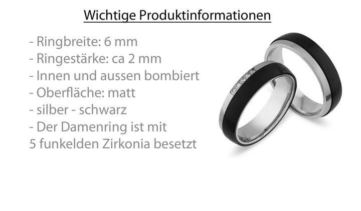Partnerringe Edelstahl 316L mit Zirkonia – Modell NOIRIS SH214 | Eheringe & Trauringe mit Gravur