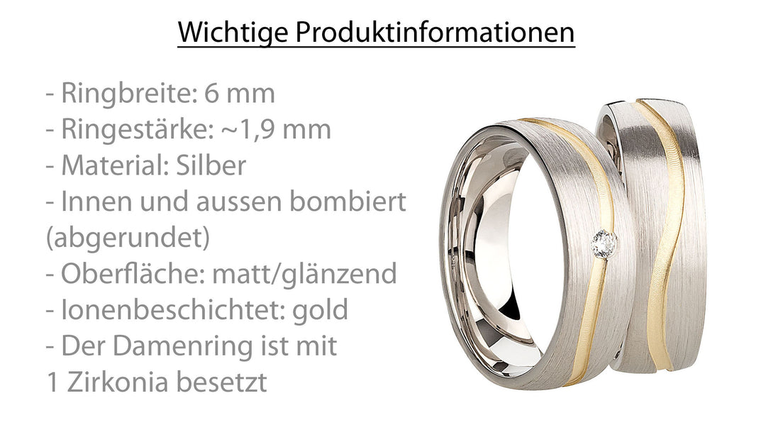 Eheringe & Partnerringe aus 925 Silber – Ringpaar „Aurelio“ mit Zirkonia im goldenen Kanal inkl. Gravur | SR1066