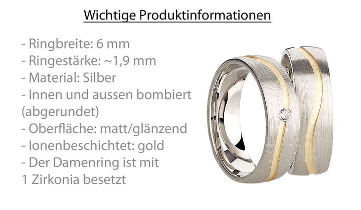 Eheringe & Partnerringe aus 925 Silber – Ringpaar „Aurelio“ mit Zirkonia im goldenen Kanal inkl. Gravur | SR1066