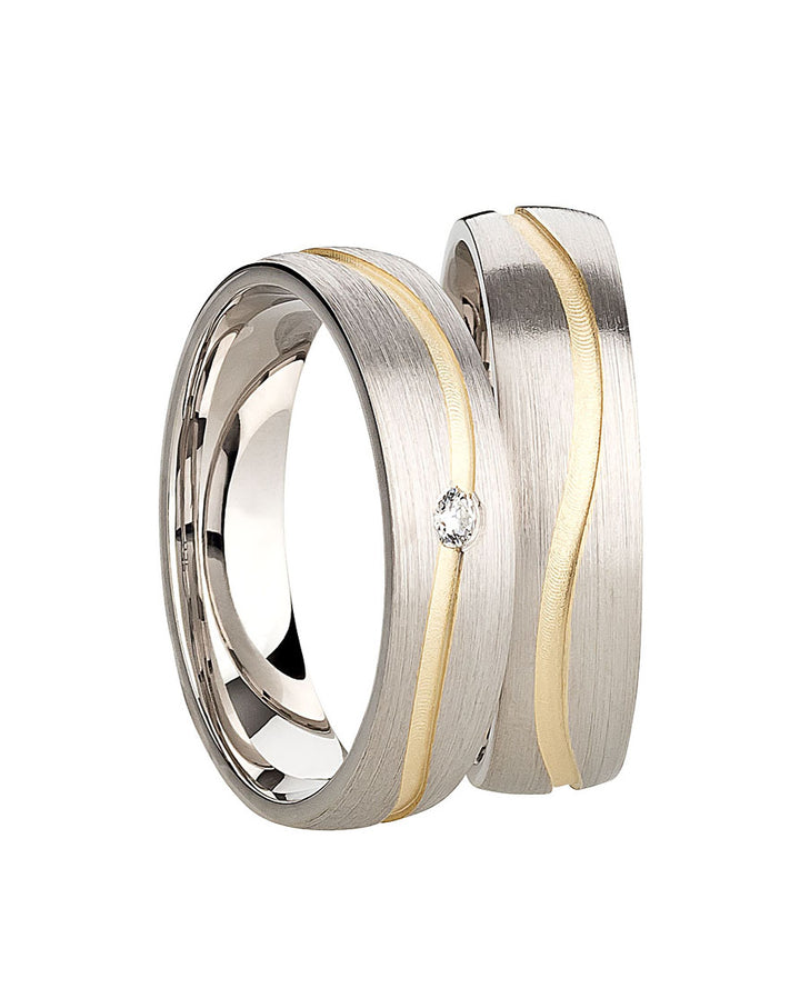 Eheringe & Partnerringe aus 925 Silber – Ringpaar „Aurelio“ mit Zirkonia im goldenen Kanal inkl. Gravur | SR1066