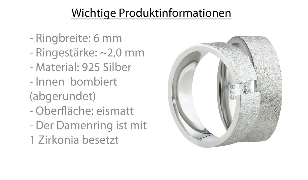 Eheringe & Partnerringe aus 925 Silber – Ringpaar „Tensia“ mit Zirkonia in Spannfassung inkl. Gravur | SR34