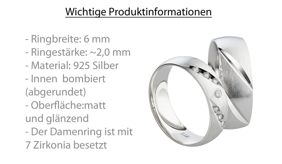 Eheringe & Partnerringe aus 925 Silber – Ringpaar „Valerio“ mit 7 Zirkonia inkl. Gravur | SR98