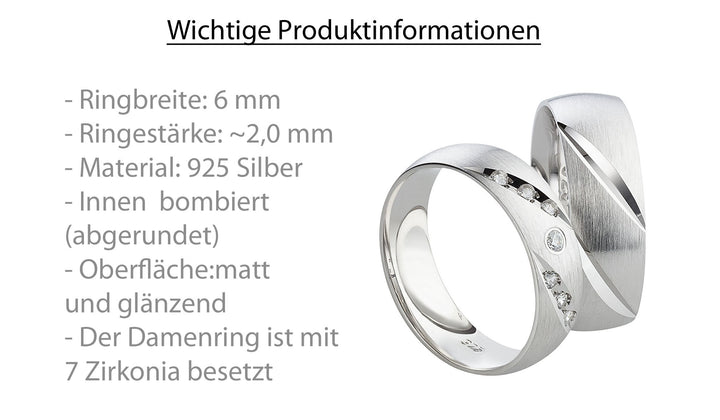 Eheringe & Partnerringe aus 925 Silber – Ringpaar „Valerio“ mit 7 Zirkonia inkl. Gravur | SR98