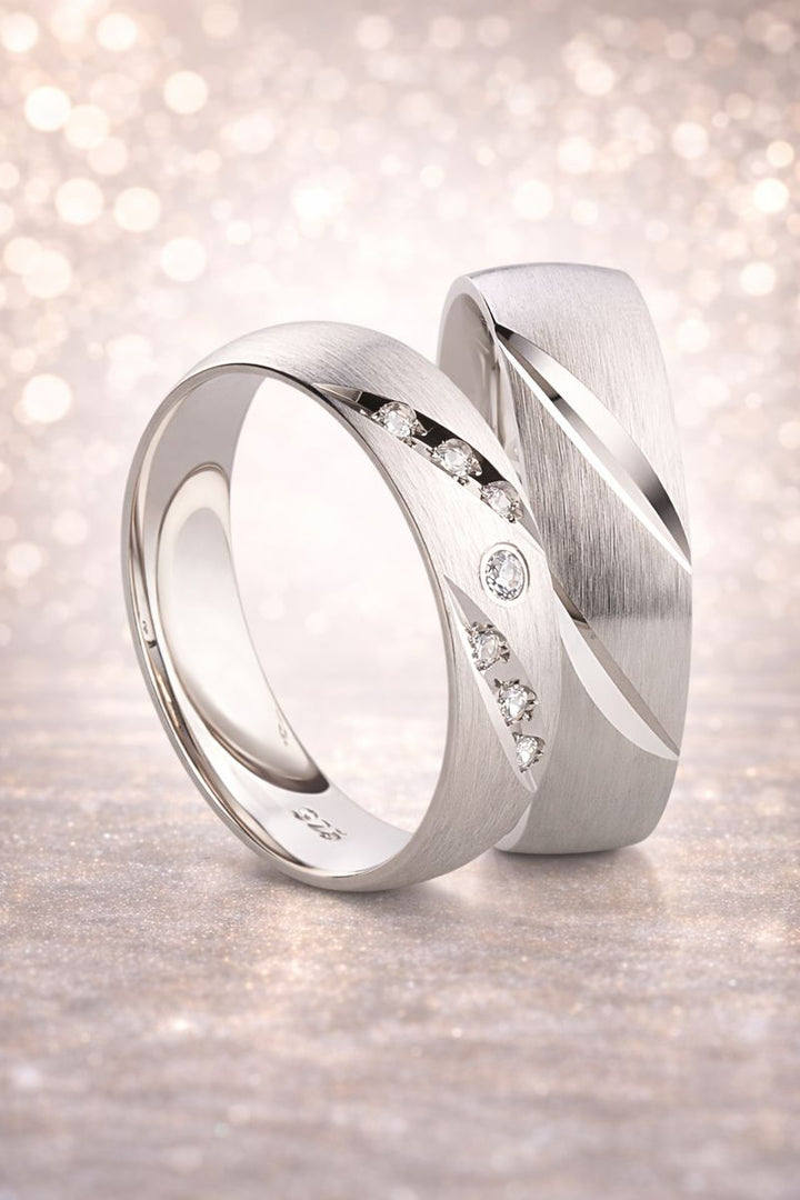 Eheringe & Partnerringe aus 925 Silber – Ringpaar „Valerio“ mit 7 Zirkonia inkl. Gravur | SR98